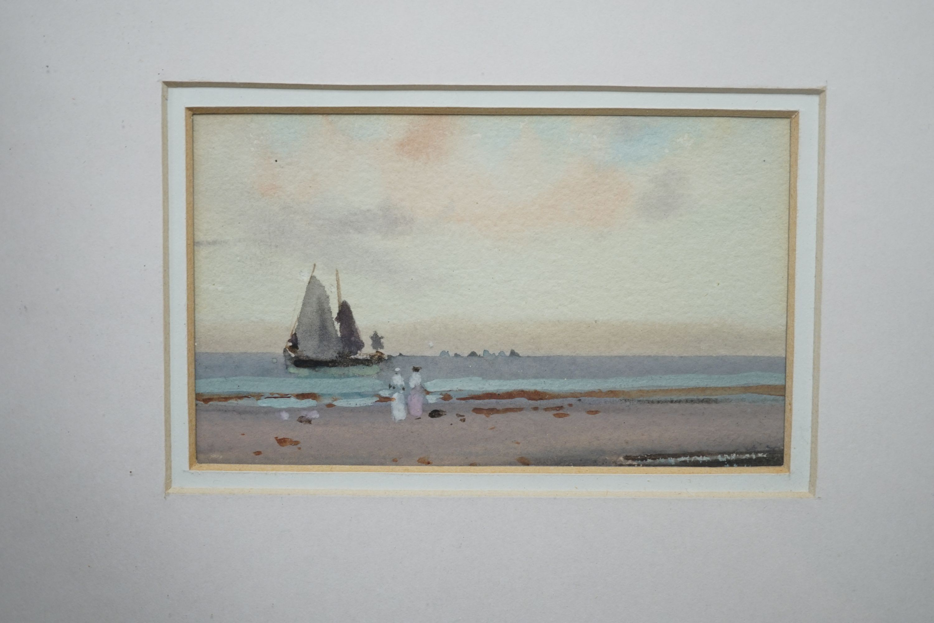 F. Richards, five watercolours, Fisherfolk along the coast, two signed, 7 x 12cm